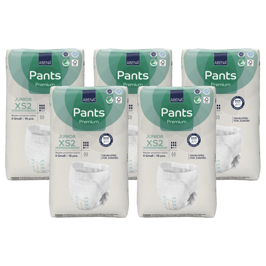 Mehrere Packungen ABENA Pants Premium Junior XS2. Aufdrucke: Pants, Premium, Junior, XS2, X-Small, 18 Stück. Grün-weiße Verpackung.