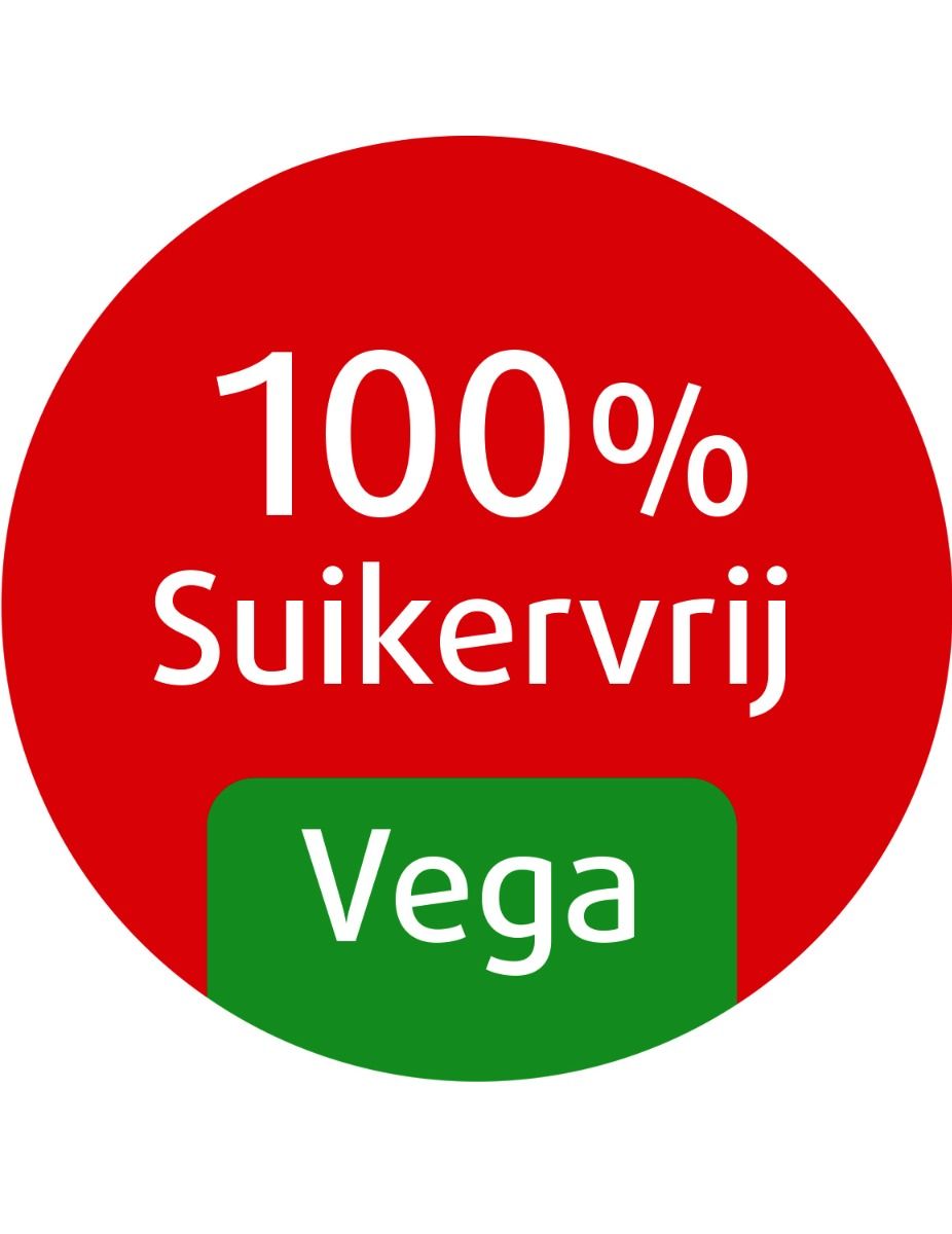 Roter Kreis mit weißer Schrift: 100% zuckerfrei. Darunter grünes Feld: Vega.