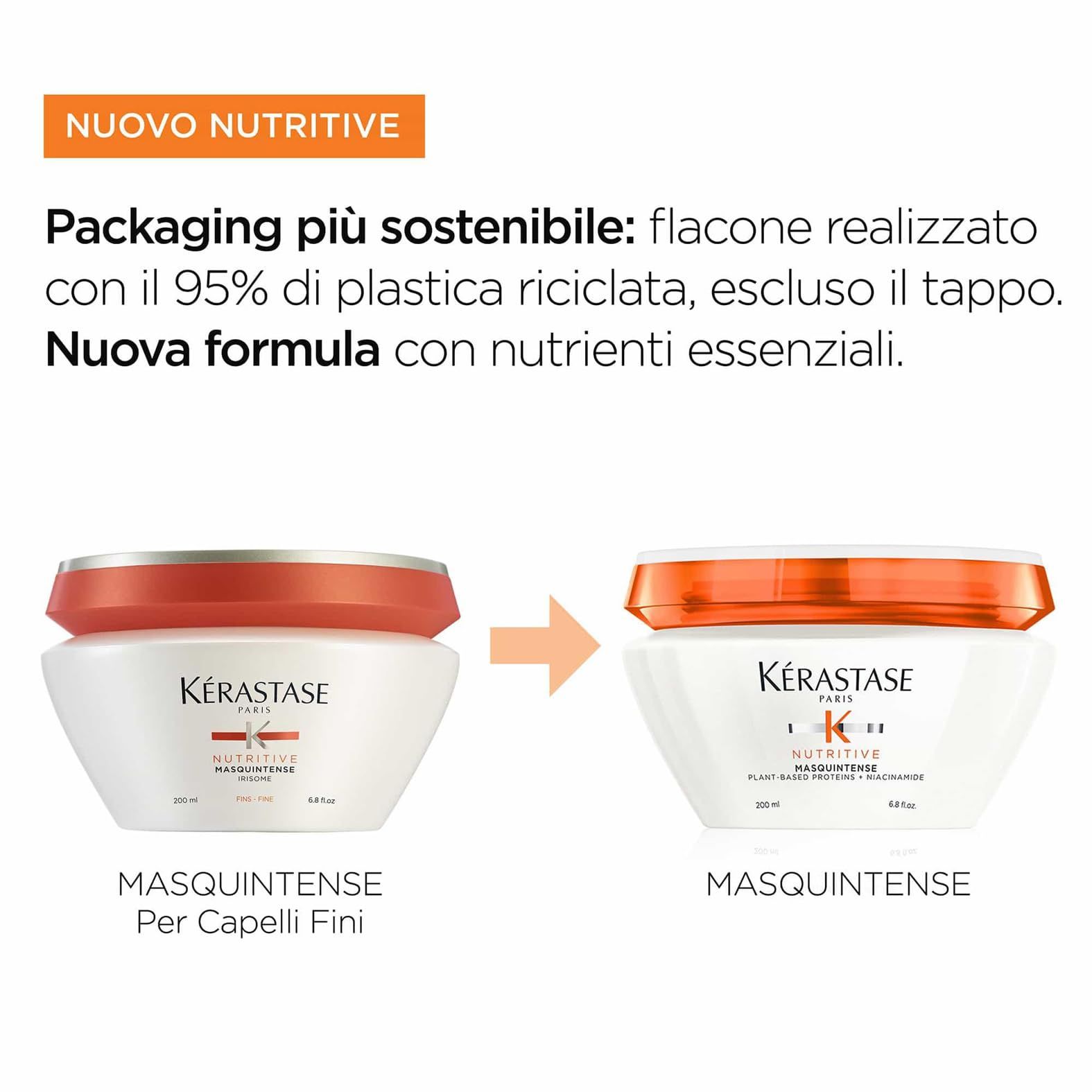 Vergleich von Kérastase Nutritive Masquintense Verpackungen: alt und neu, nachhaltigere Verpackung.