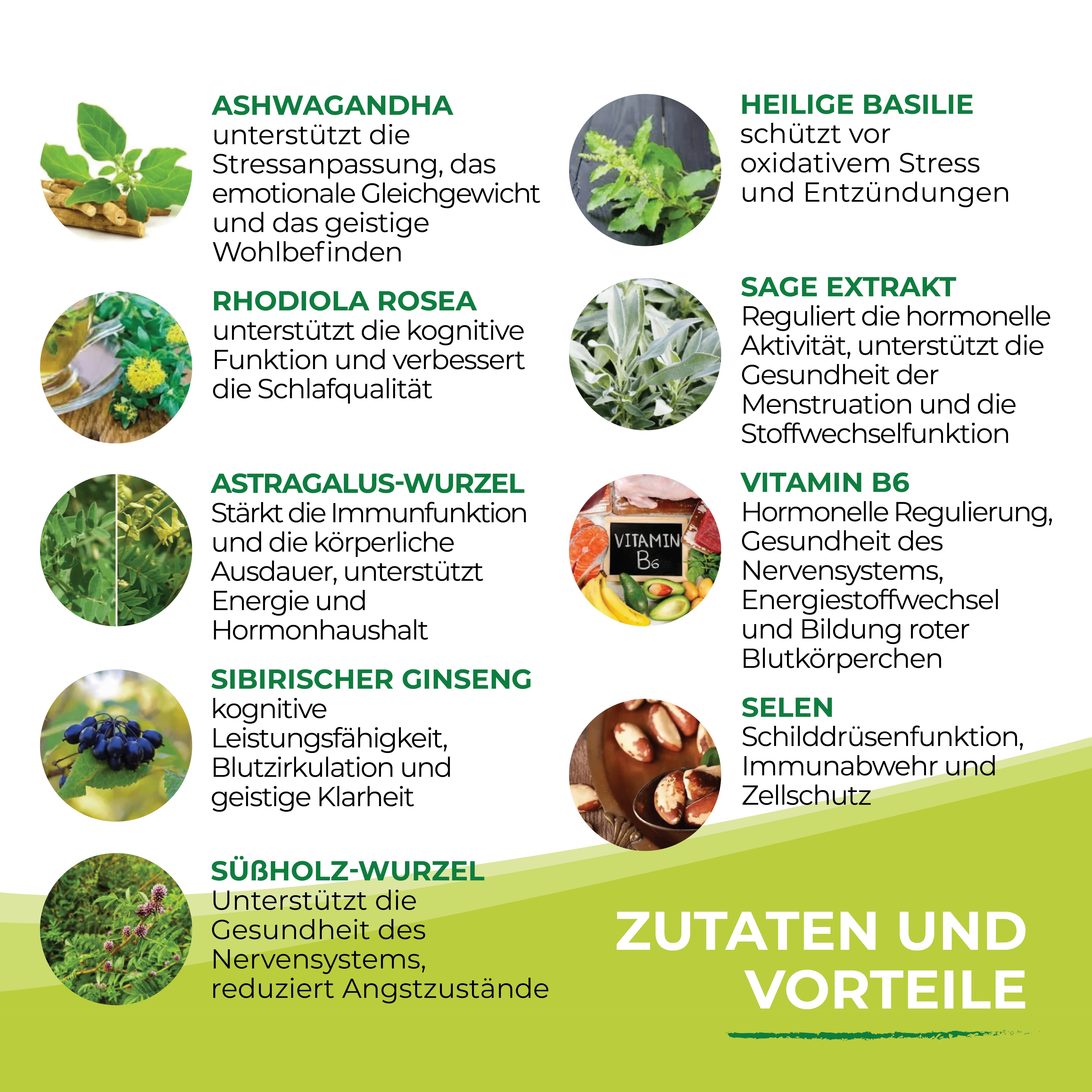 Zutaten und Vorteile von Biostile Glands Support: Ashwagandha, Selen, Vitamin B6.