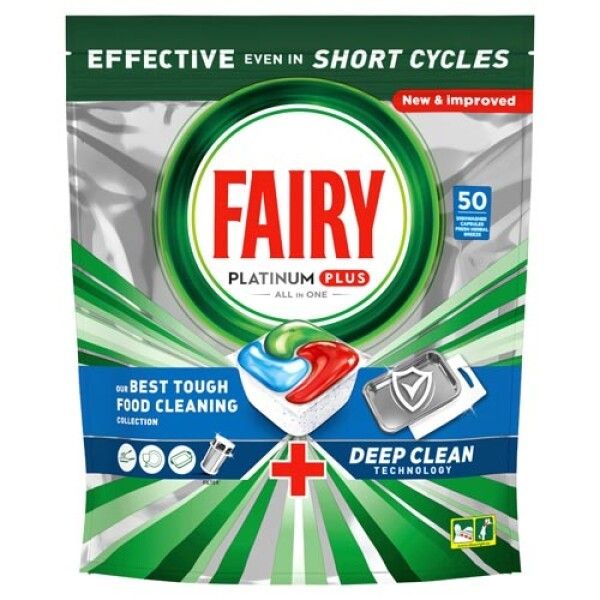 Fairy Platinum Plus Deep Clean Tabs-Packung. Grün-weißes Design mit Produktabbildung und Schriftzug. 50 Stück.
