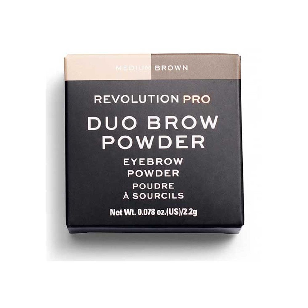 Kompakte Augenbrauenpuder-Verpackung. "REVOLUTION PRO DUO BROW POWDER" Schriftzug. "MEDIUM BROWN" oben.