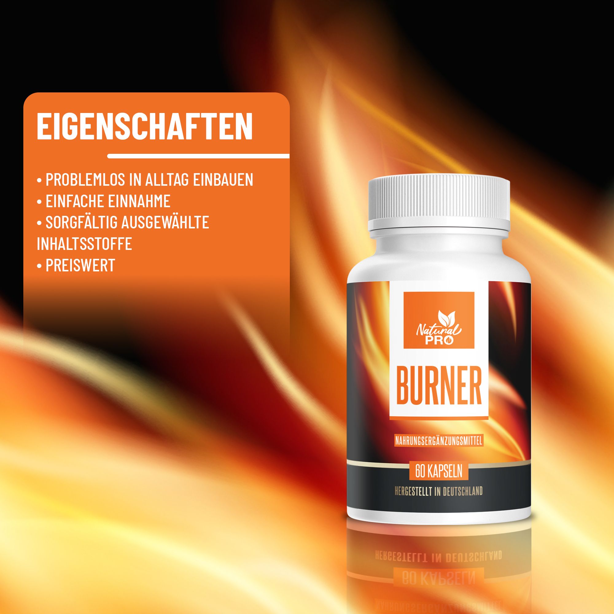 Weiße Pillenflasche mit Etikett. Aufschrift: Natural Pro | BURNER. 60 Kapseln. Eigenschaften werden aufgelistet.