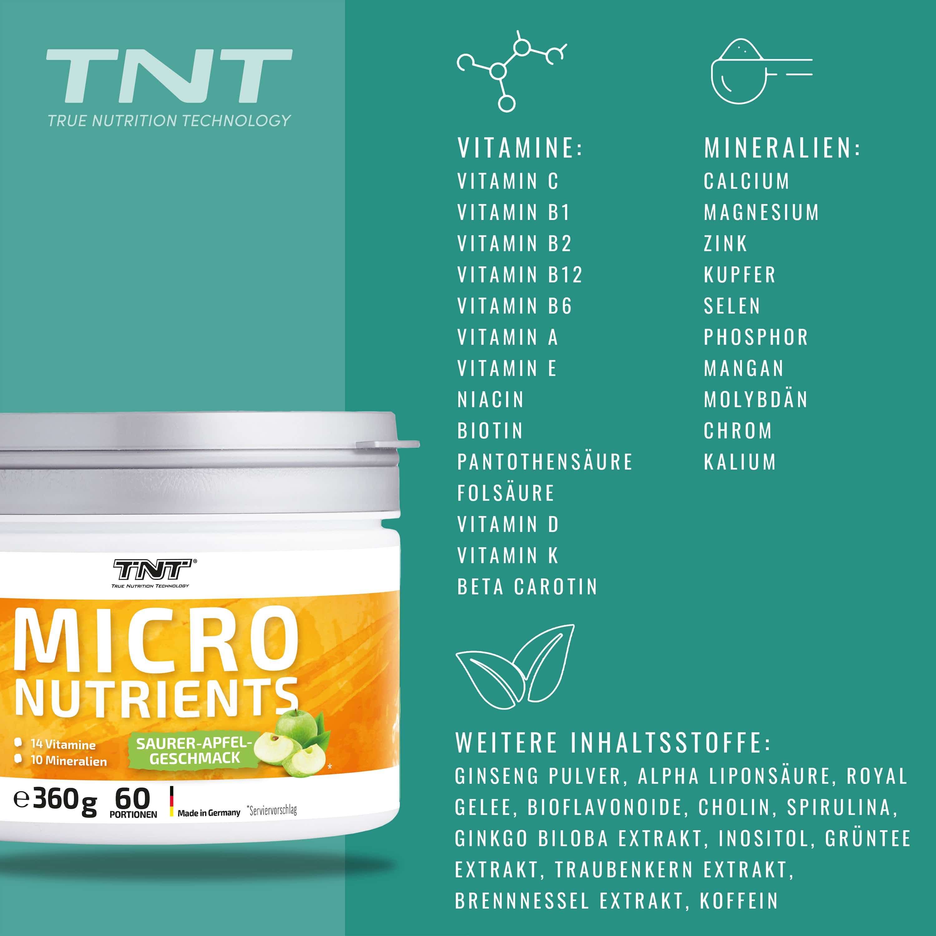 TNT Micro Nutrients Behälter. Aufschrift: MICRO NUTRIENTS, 14 Vitamine, 10 Mineralien, 360g, 60 Portionen. Liste: Vitamine, Mineralien, weitere Inhaltsstoffe.