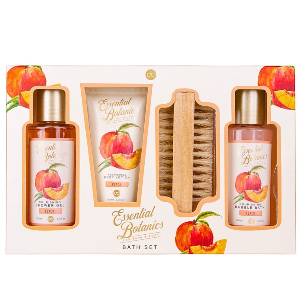 Geschenkbox mit Pflegeprodukten. Enthält Duschgel, Badeschaum, Bodylotion und eine Bürste. Dekoriert mit Pfirsich-Motiven.