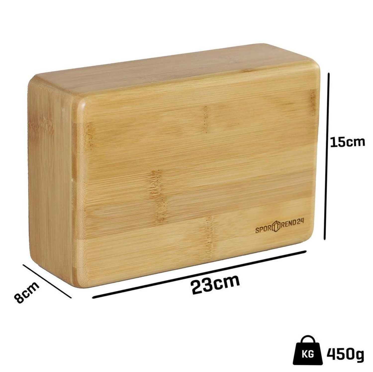 Rechteckiger Yoga-Block aus Bambus mit Größenangaben: 23x15x8cm, 450g. Logo Sporttrend24.