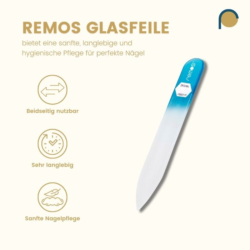 Glasnagelfeile, beidseitig, mit blauem Griff. Text: "REMOS GLASFEILE bietet eine sanfte, langlebige und hygienische Pflege".