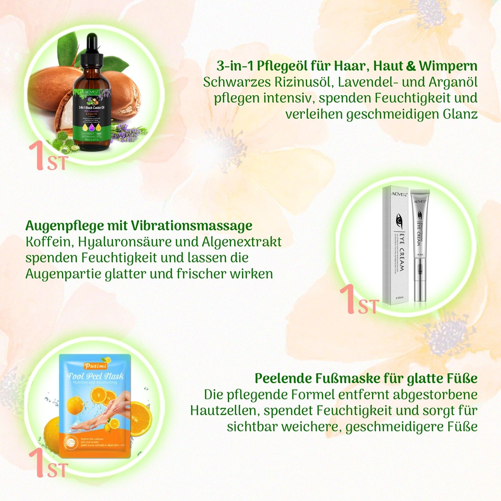 Collage: Hautpflegeprodukte wie Augenpads, Haaröl und Zahnpflegeset.