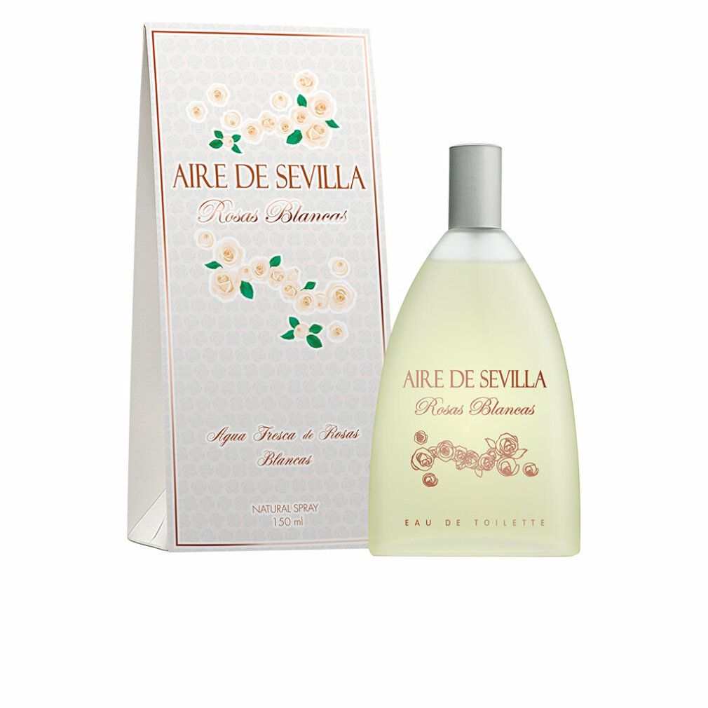 Parfümflasche und Verpackung. Aufschrift: Aire de Sevilla Rosas Blancas. Verpackung mit Blumendekor. Eau de Toilette.