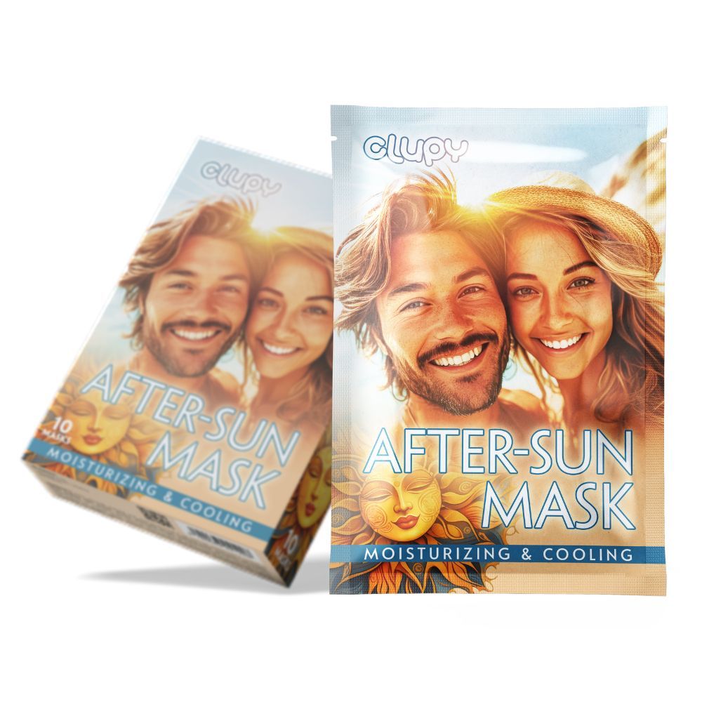 Produktverpackung und Beutel mit After-Sun Maske. Aufdruck: Clupy, After-Sun Mask, Sonnenmotiv, Text. Box mit 10 Masken.