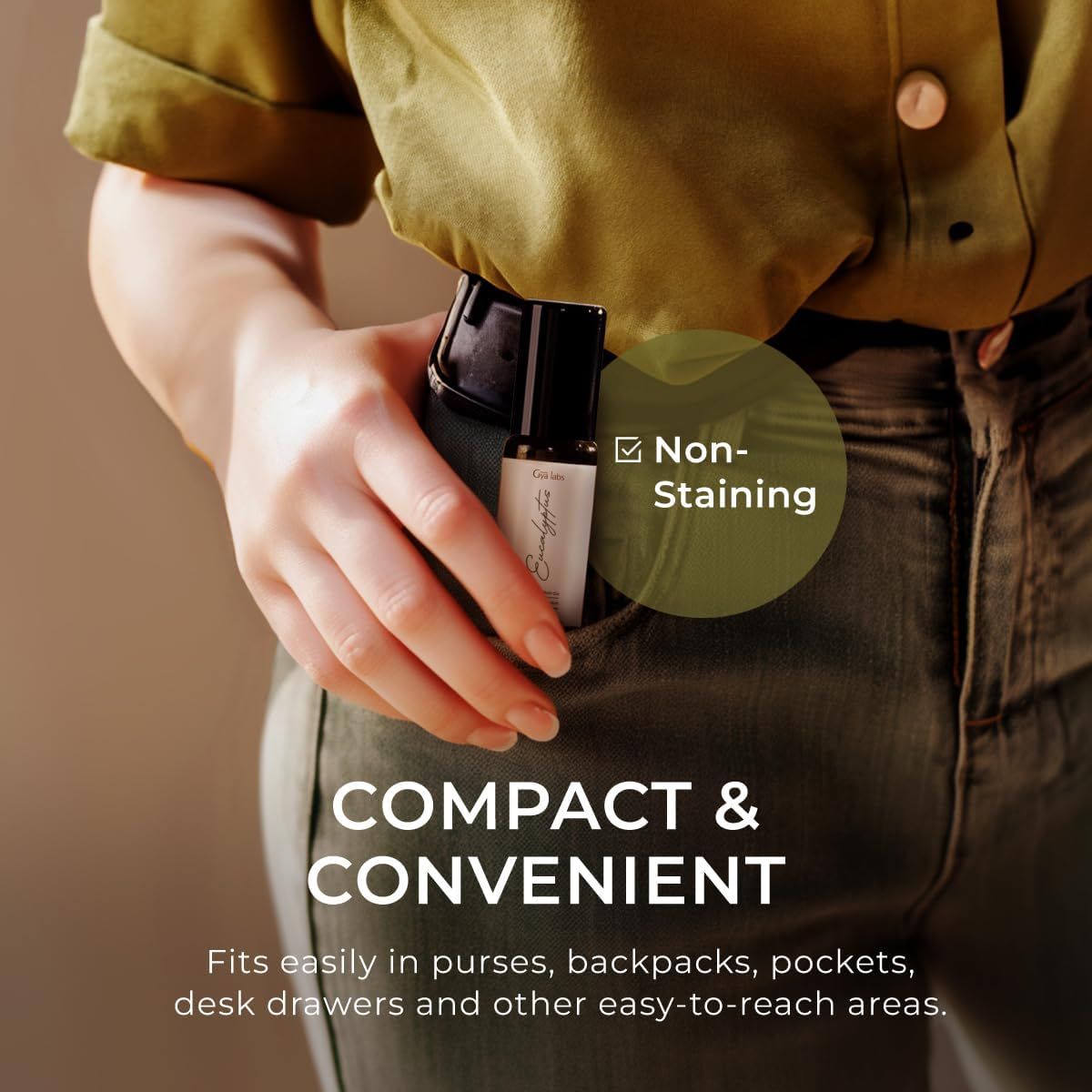 Roll-on in Hosentasche. Text: "Compact & Convenient". Check-Zeichen für "Non-Staining".