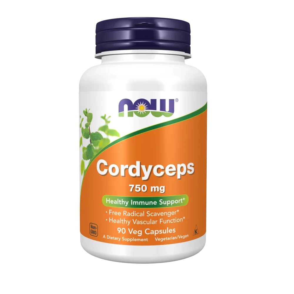 Weiße Flasche mit orangefarbenem Etikett. Aufschrift: Cordyceps 750 mg. Marke: NOW. Deckel: dunkelblau. 90 Veg-Kapseln.