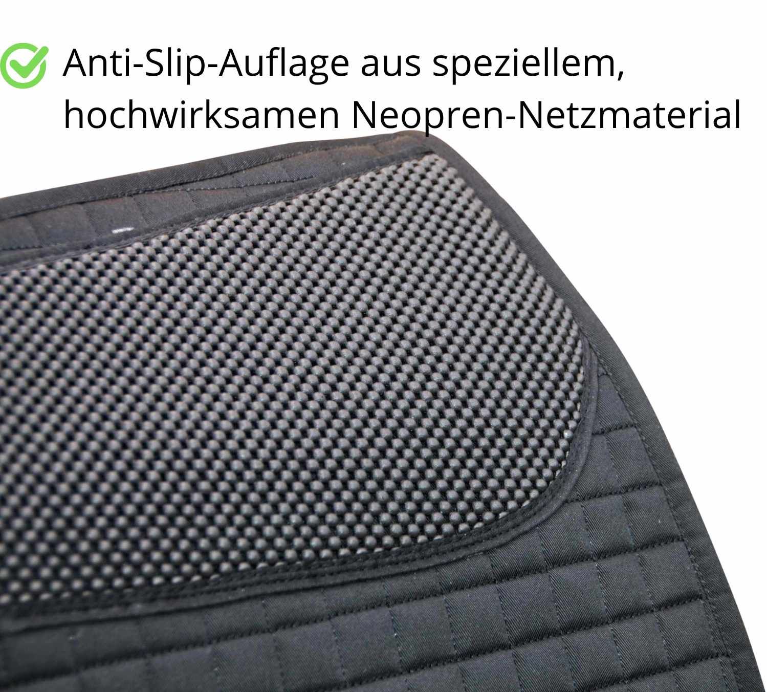 Detail der Sattelunterlage. Text: 'Anti-Slip-Auflage aus speziellem, hochwirksamen Neopren-Netzmaterial'.