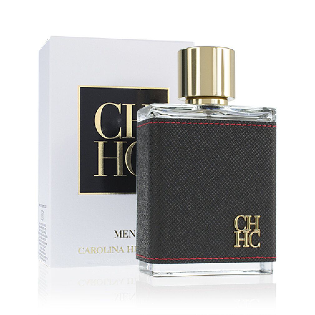 Flakon mit Verpackung. Rechteckiger Flakon mit goldfarbenem Verschluss. Schwarzer Lederbezug, roter Naht und CHHC-Logo.