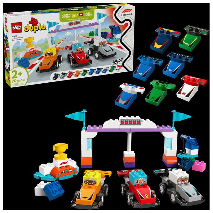LEGO Duplo Rennwagen-Set. Enthält Rennwagen, Ziellinie, Trophäe und Zubehör. Verpackung mit Logo und Altersempfehlung.