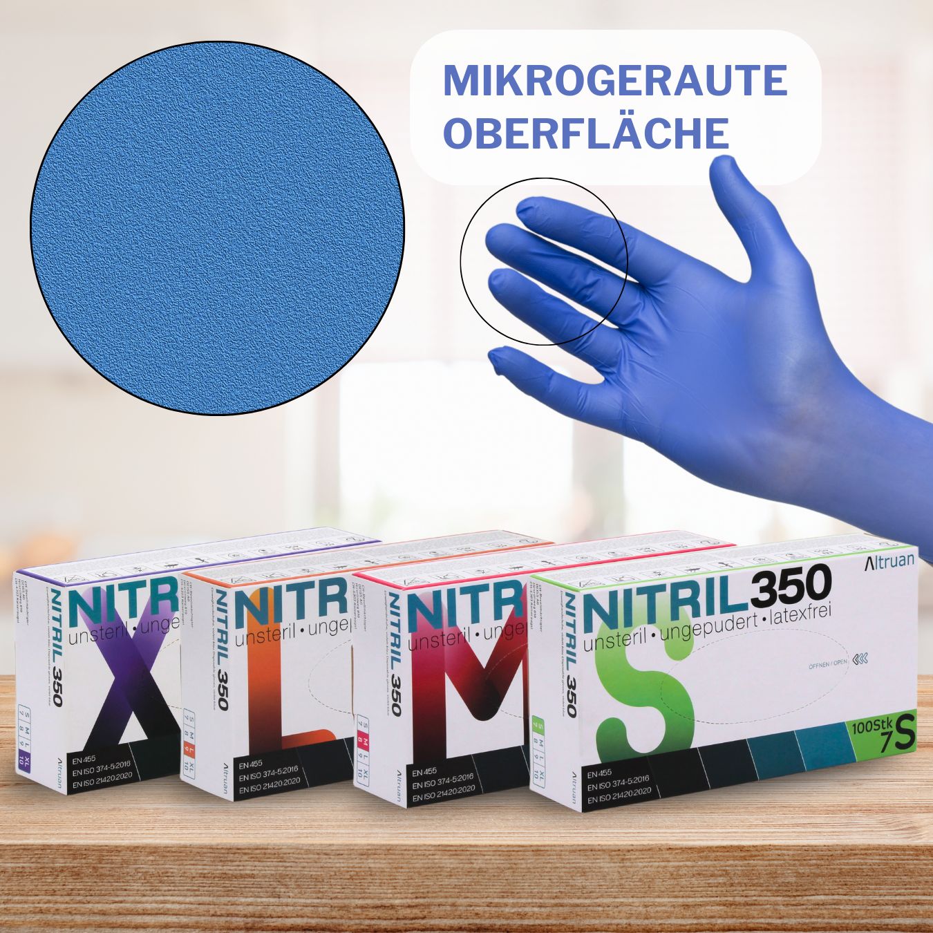 Blaue Handschuhe mit mikrogerauter Oberfläche. Aufdruck: Nitril 350, unsteril, ungepudert, latexfrei. Handschuhe werden getragen.