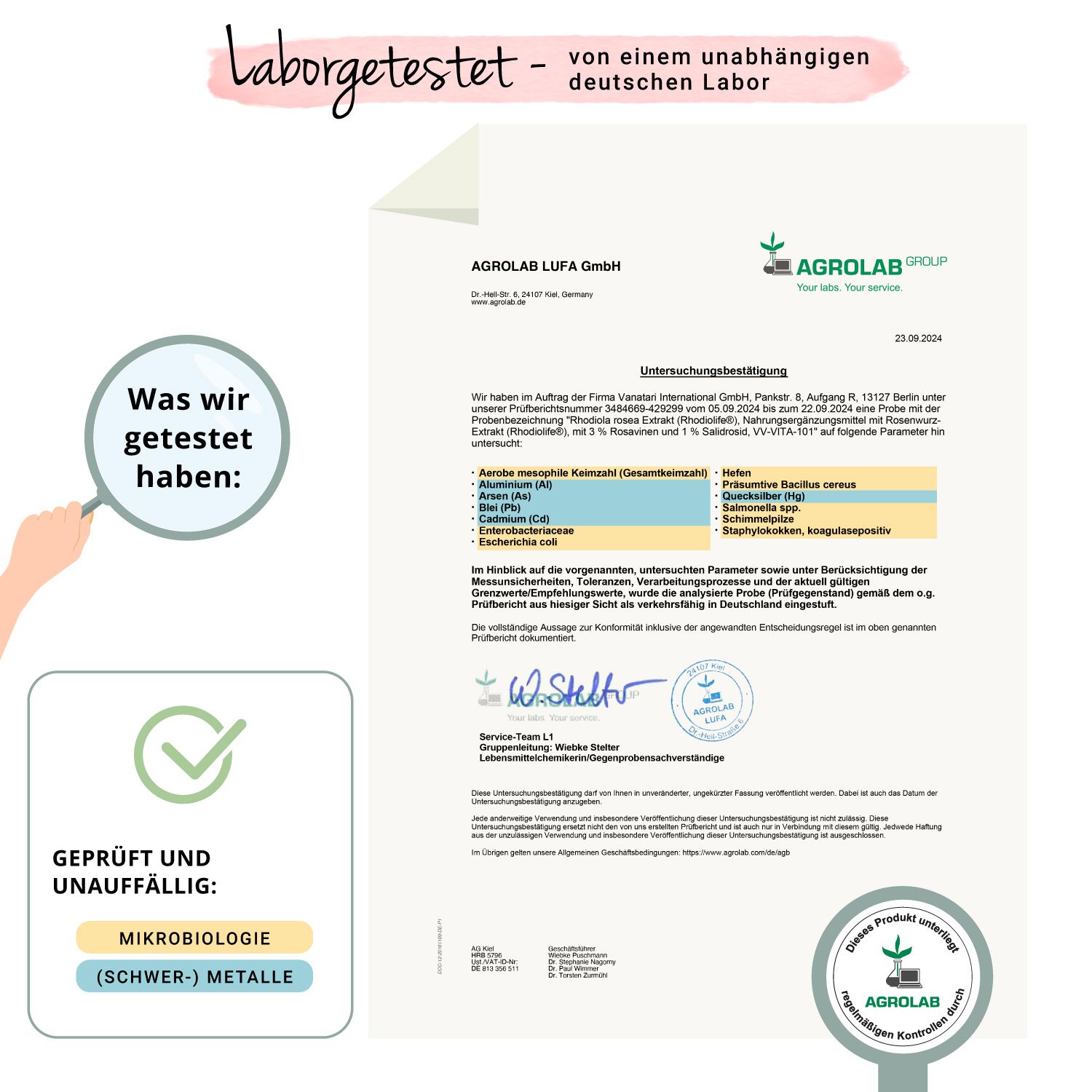 Laborbericht von Agrolab. Dokument mit Testergebnissen für Rhodiola Rosea Extrakt. Siegel: Geprüft und unauffällig.