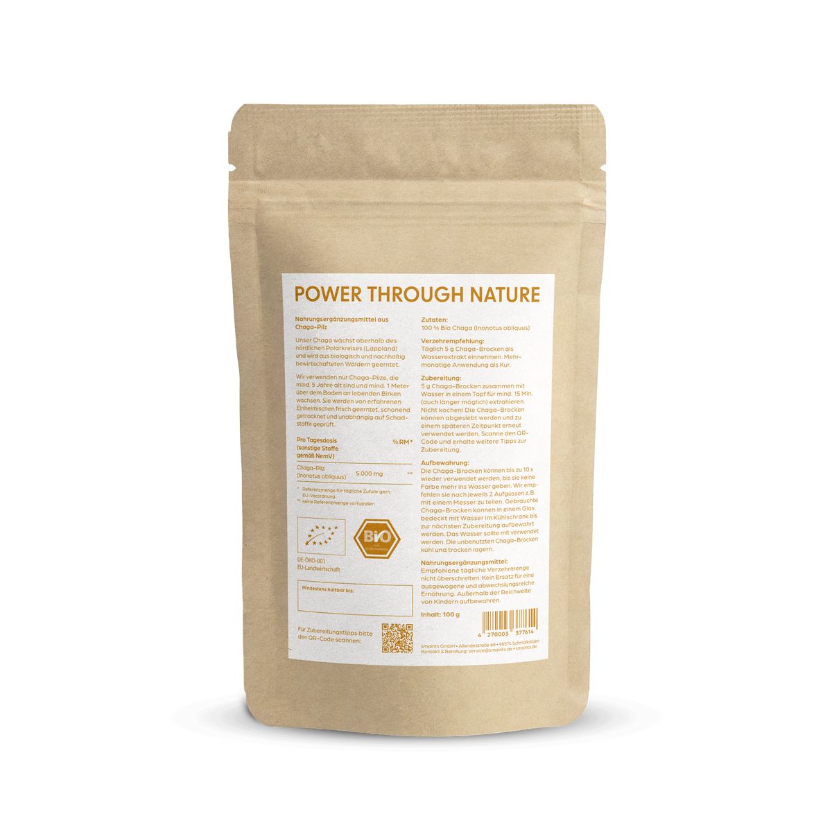 Beutel mit Produktinformationen. Aufschrift: POWER THROUGH NATURE. Bio-Zertifizierung. Braune Verpackung.