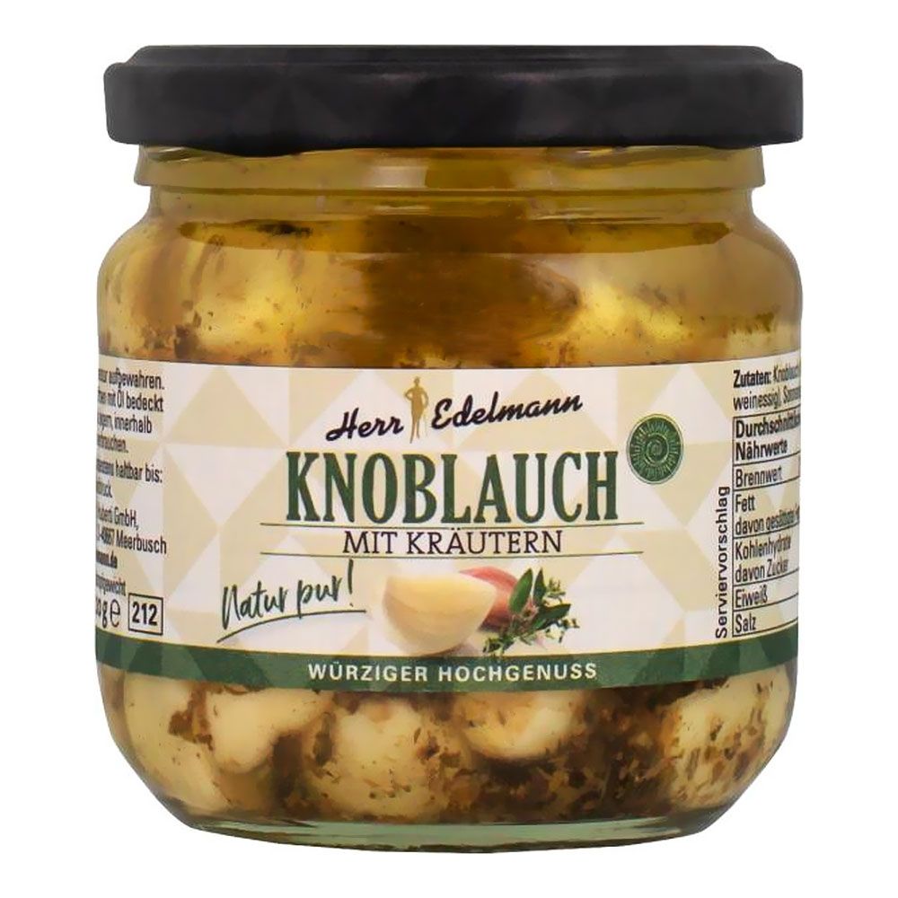 Glas mit Knoblauch und Kräutern von Herr Edelmann. Schwarzer Deckel, grüne und weiße Etiketten. Produktname: Knoblauch mit Kräutern.