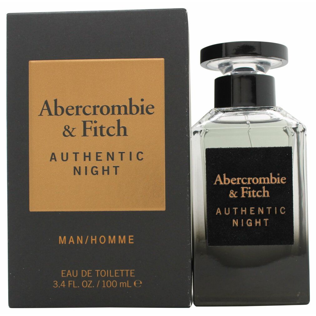 Flakon und Schachtel. Schwarze Schachtel mit goldenem Aufdruck. Flakon mit schwarzem Verschluss und Etikett. Text: Abercrombie & Fitch AUTHENTIC NIGHT.