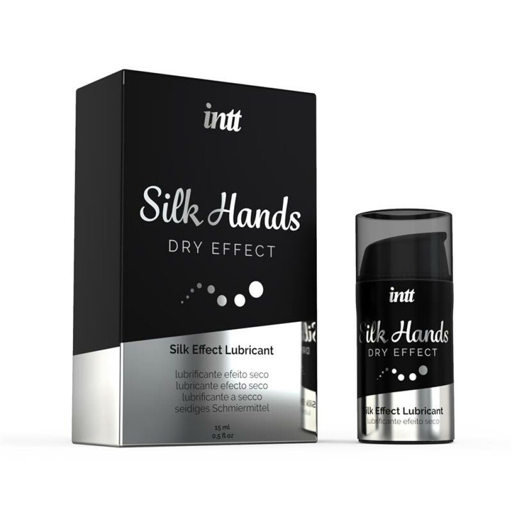Produktverpackung und Flasche. Verpackung: schwarz, silber. Aufschrift: intt, Silk Hands, DRY EFFECT, Silk Effect Lubricant.