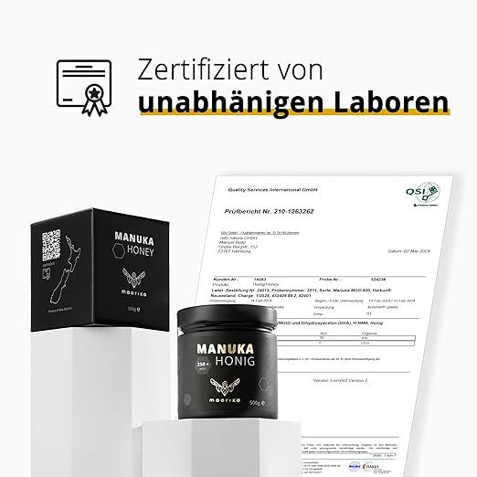 Honigglas, Verpackung und Zertifikat. Text: Zertifiziert von unabhängigen Laboren. Aufschrift: MANUKA HONIG, 250g e.