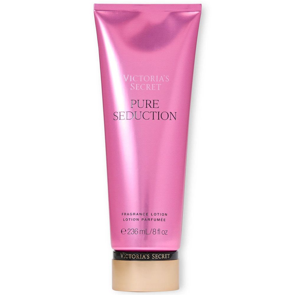 Rosa Tube mit schwarzem Deckel. Text: Victoria's Secret, Pure Seduction, Fragrance Lotion. 236 ml/8 fl oz.