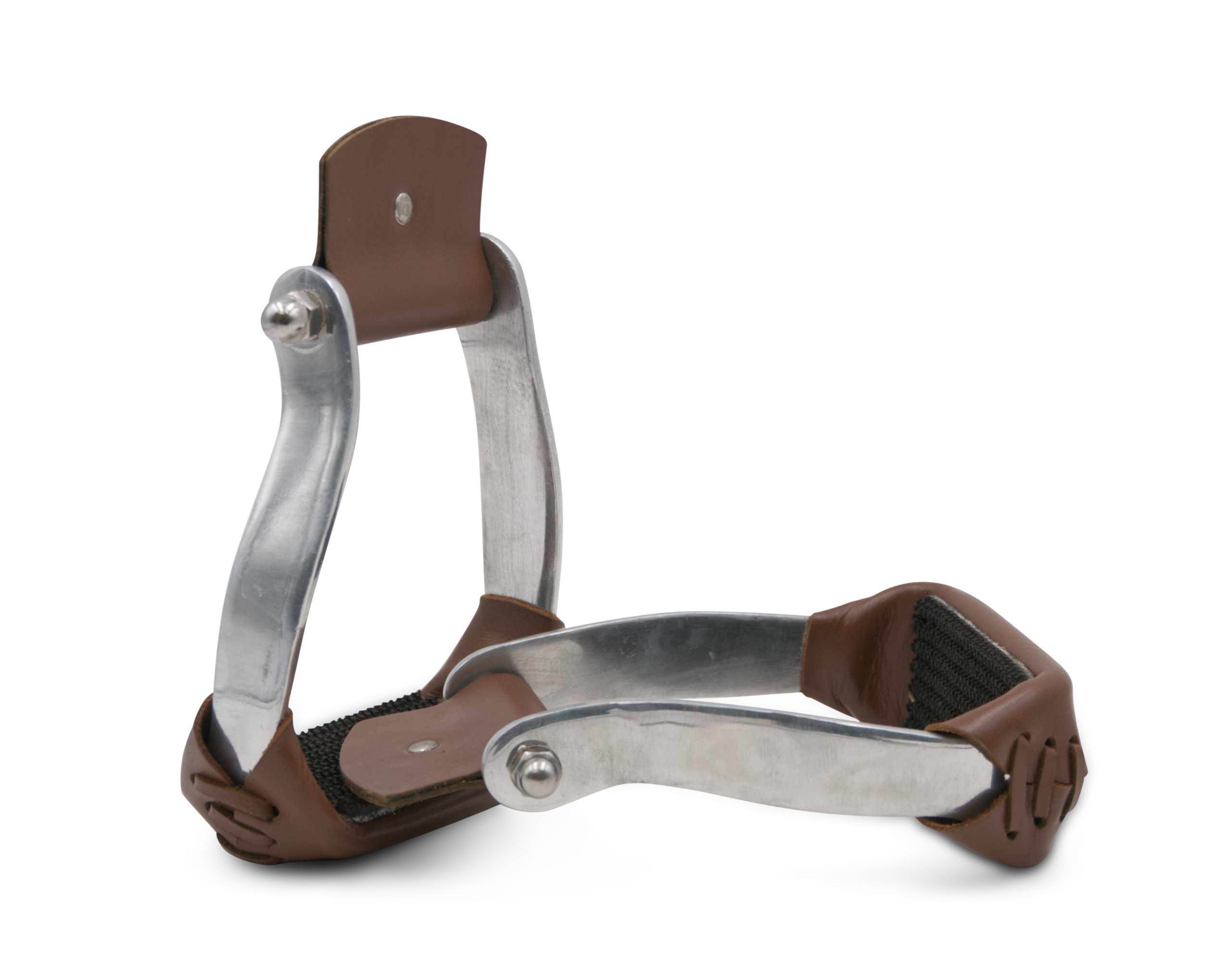 Steigbügel aus Aluminium mit braunen Lederakzenten. Sichtbare Nietverbindungen. Rechteckige Trittfläche.