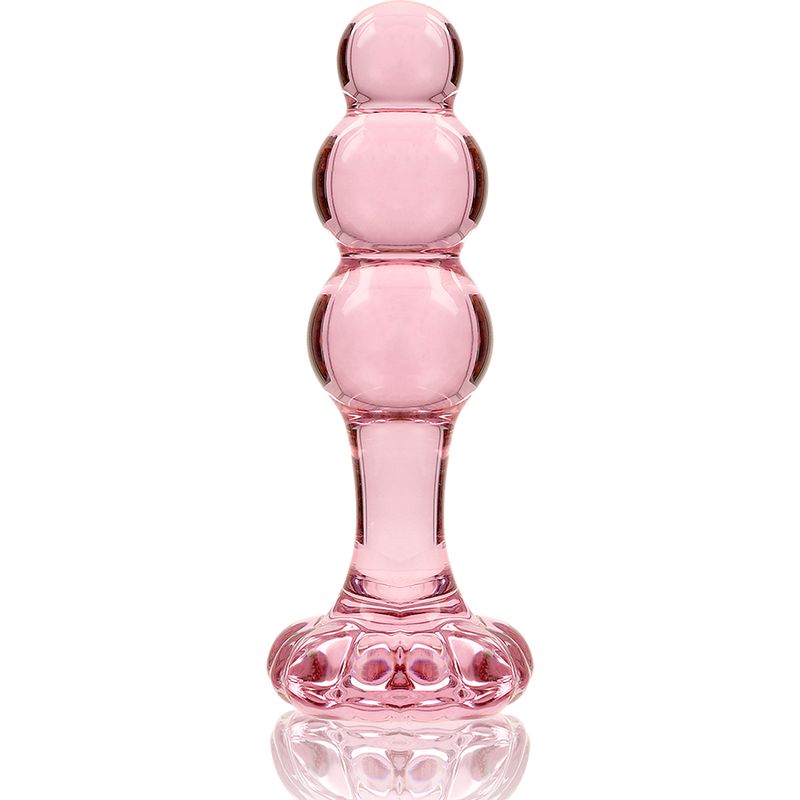 Rosa Glas-Analplug mit kugelförmigen Segmenten und breiter Basis.