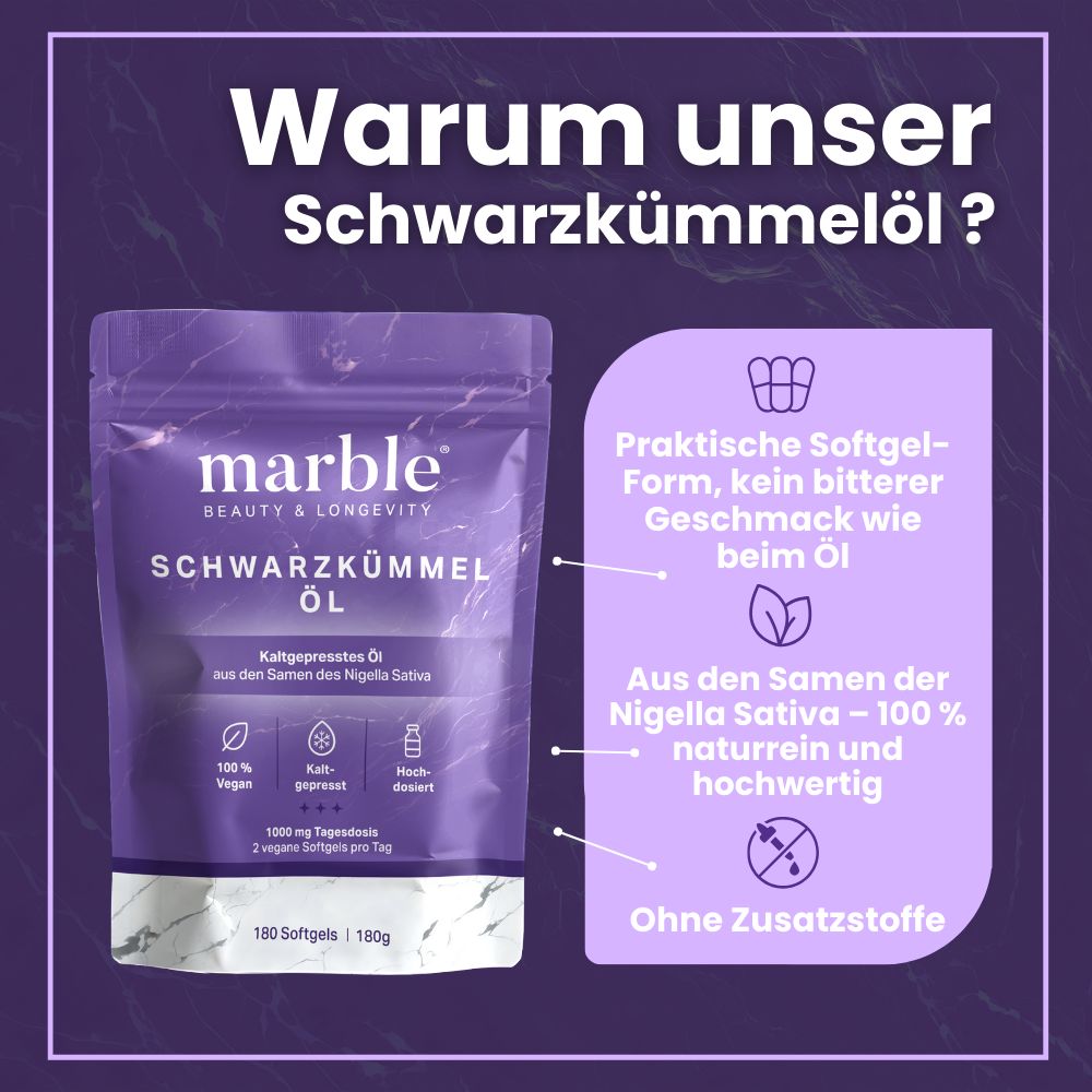 Beutel mit Softgels. Aufschrift: marble Schwarzkümmelöl. 100% vegan, kaltgepresst, hochdosiert. Text: Praktische Softgel-Form, kein bitterer Geschmack.