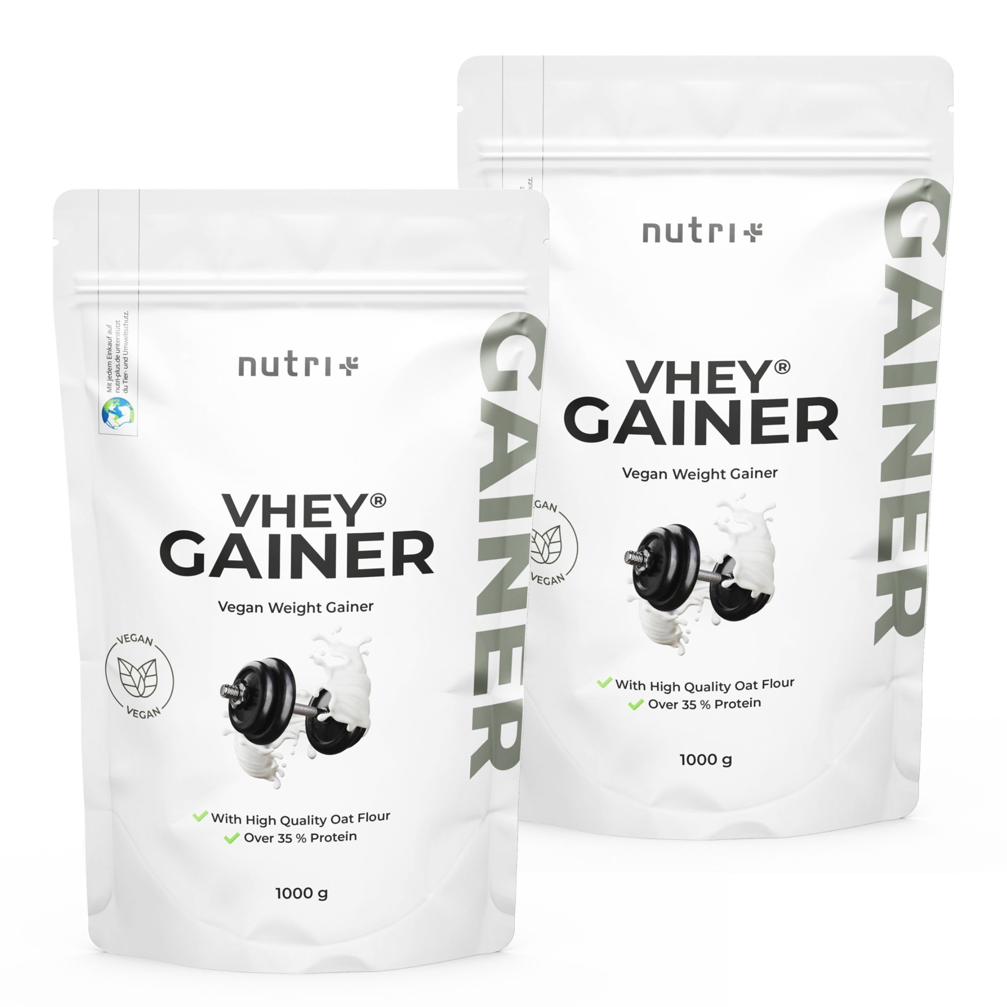 Zwei Nutri+ Vhey Gainer Beutel, 1000g. Vegan Weight Gainer mit Hafervollkornmehl und über 35% Protein.