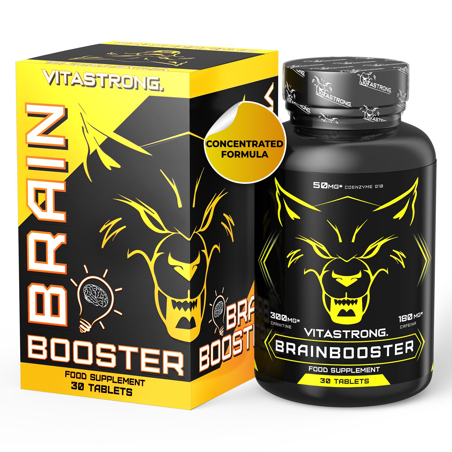Vitastrong Brainbooster. Schwarze Flasche und Schachtel. Gelbes Design mit Wolf. Text: Brain Booster, 30 Tabletten.