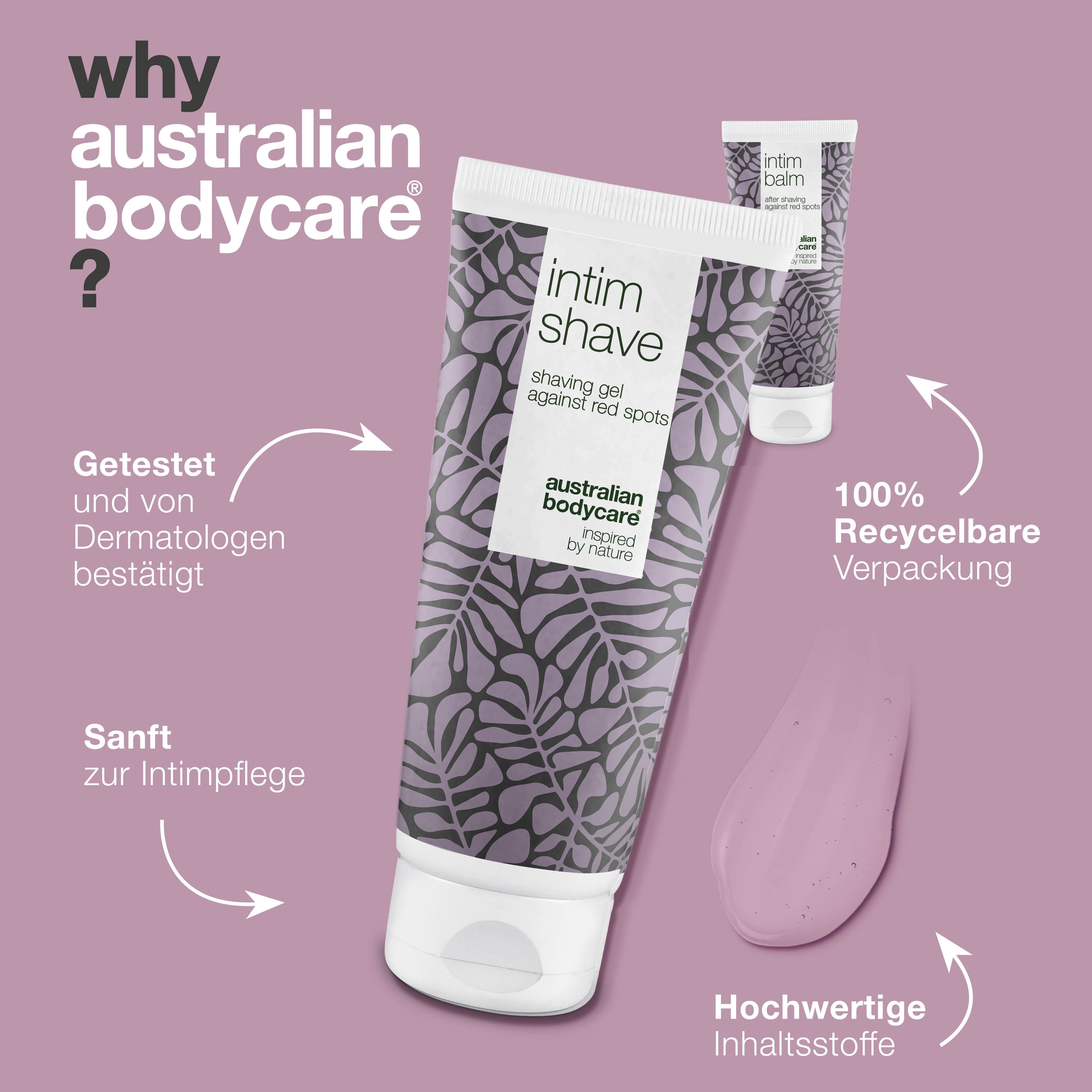 Warum Australian Bodycare? Intim-Shave-Gel und Produktprobe. Marke: Australian Bodycare.
