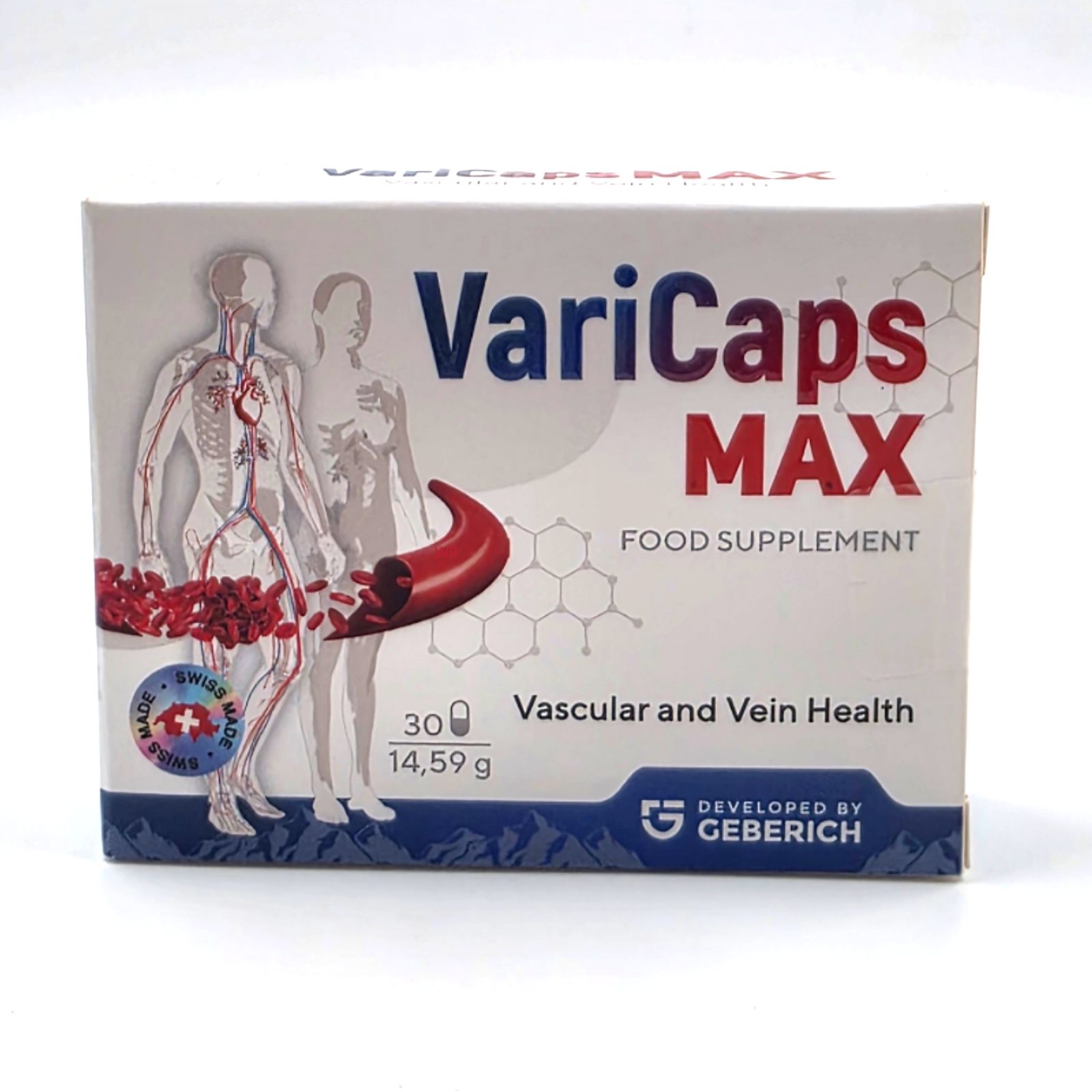 Produktverpackung VariCaps MAX. Darstellung des menschlichen Kreislaufsystems. Aufschrift: Vascular and Vein Health. 30 Kapseln.