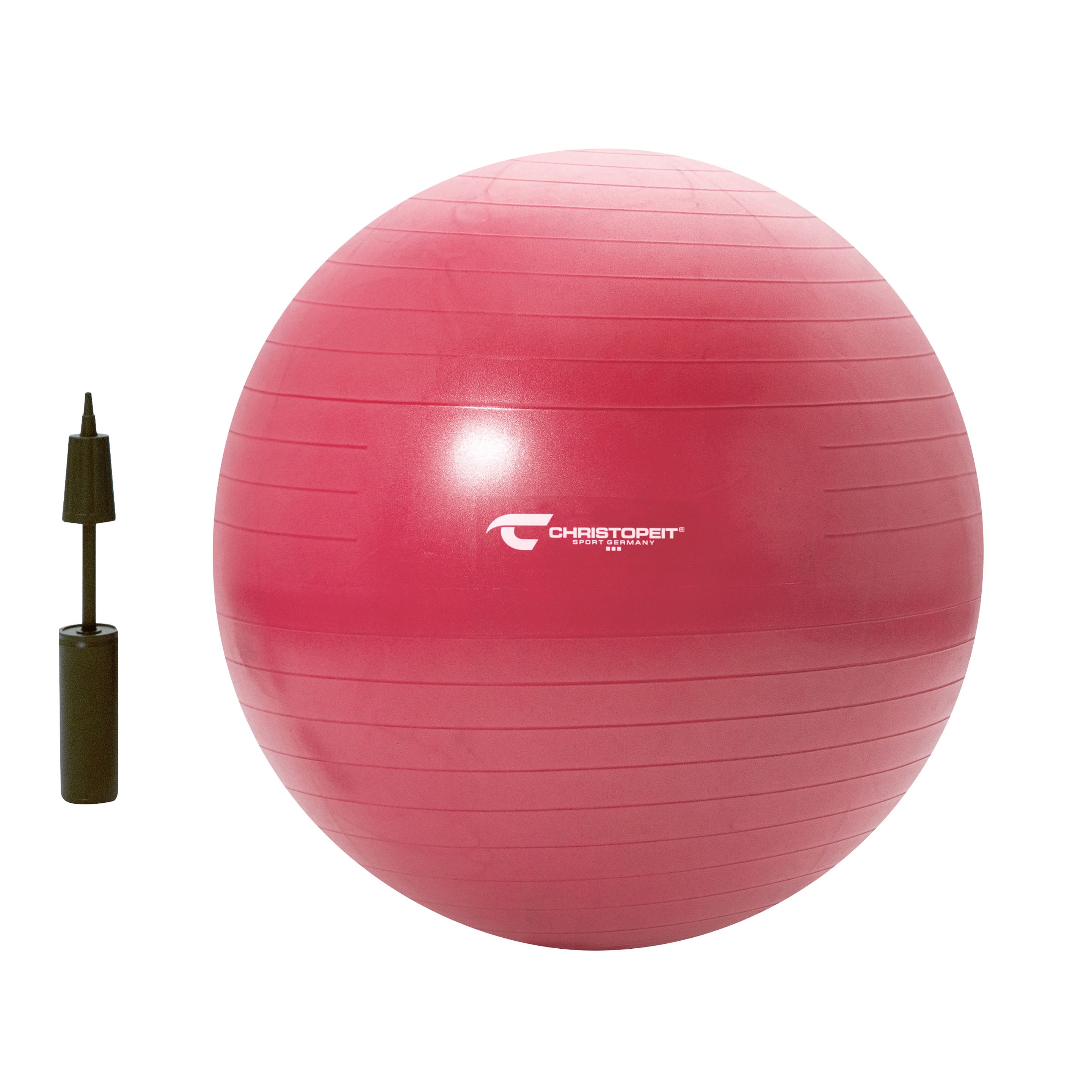 Roter Gymnastikball mit Logo und Pumpe. Der Ball hat horizontale Rillen.