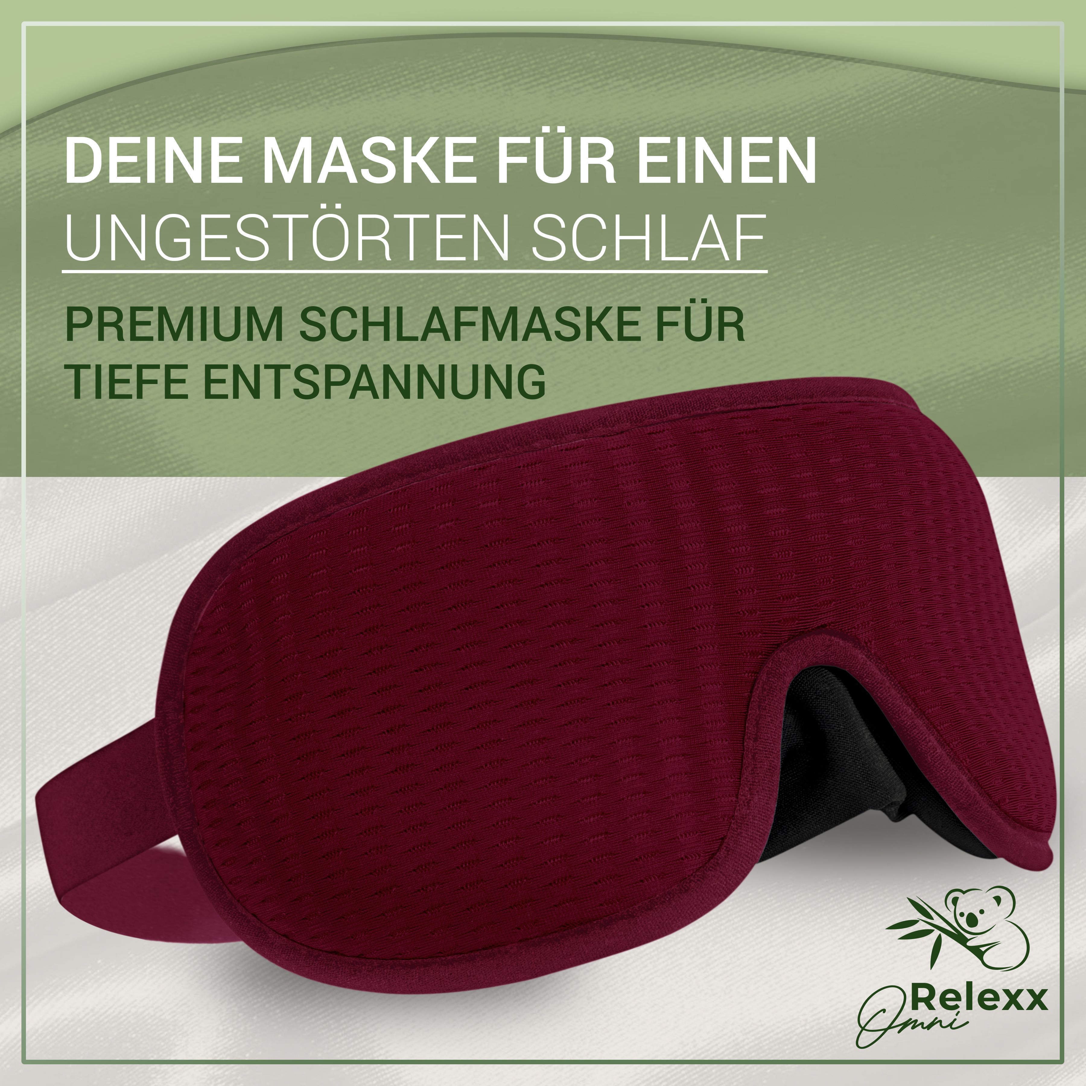 Weinrote Schlafmaske. Premium Schlafmaske für tiefere Entspannung. Produktname: OmniRelexx.