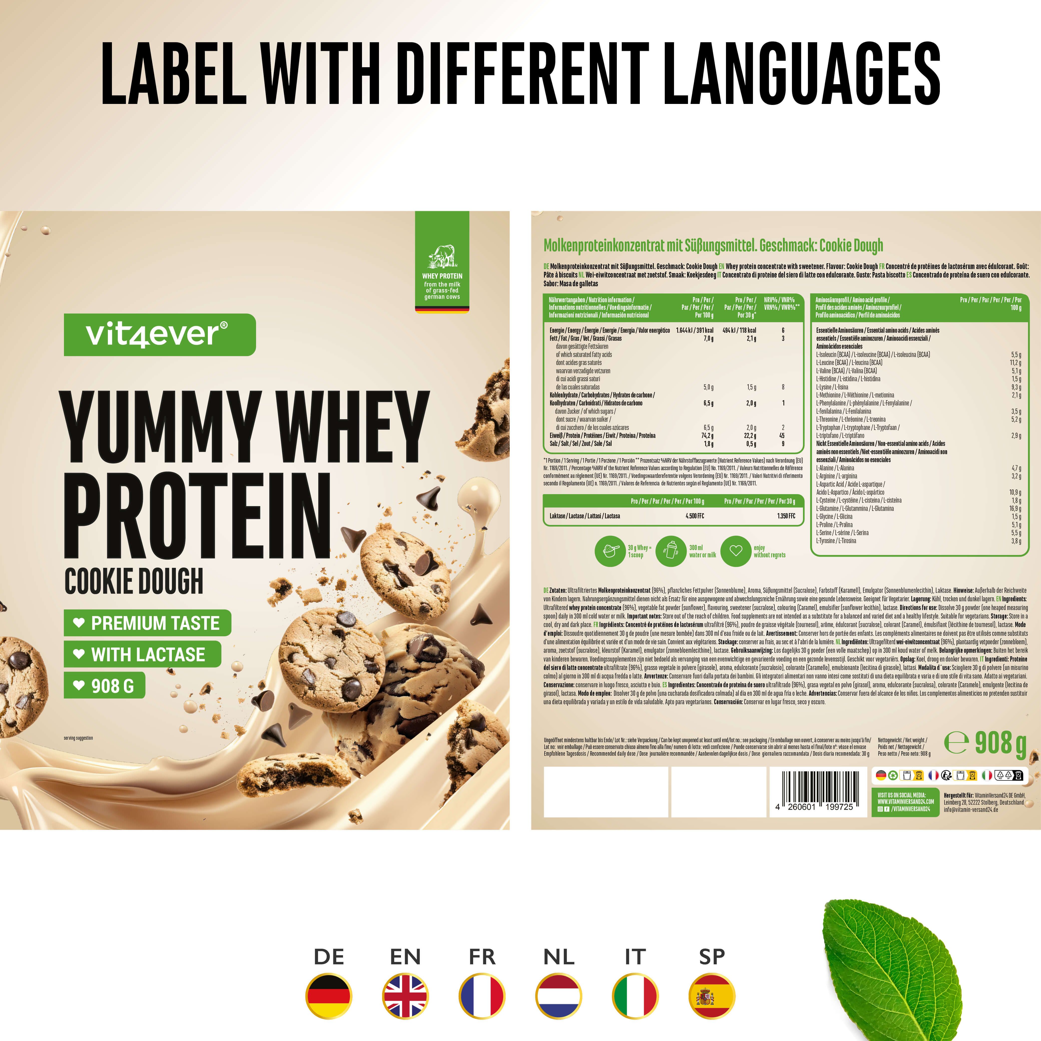 Produktverpackung "Yummy Whey Protein Cookie Dough" von vit4ever. Etikett mit Text in verschiedenen Sprachen. 908g.