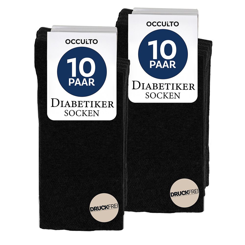 Zwei Packungen schwarzer Diabetiker-Socken, je 10 Paar. Mit "Druckfrei"-Siegel.