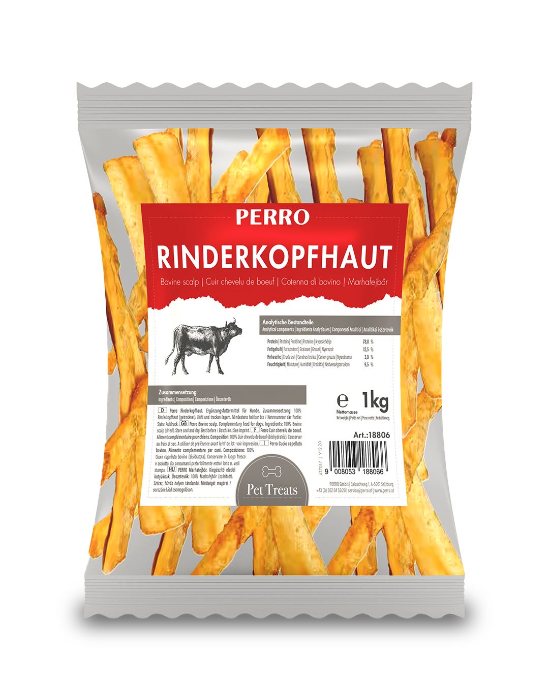 Transparente Tüte mit getrockneter Rinderkopfhaut. Rotes Etikett mit Produktname und Marke PERRO. 1 kg Packung.