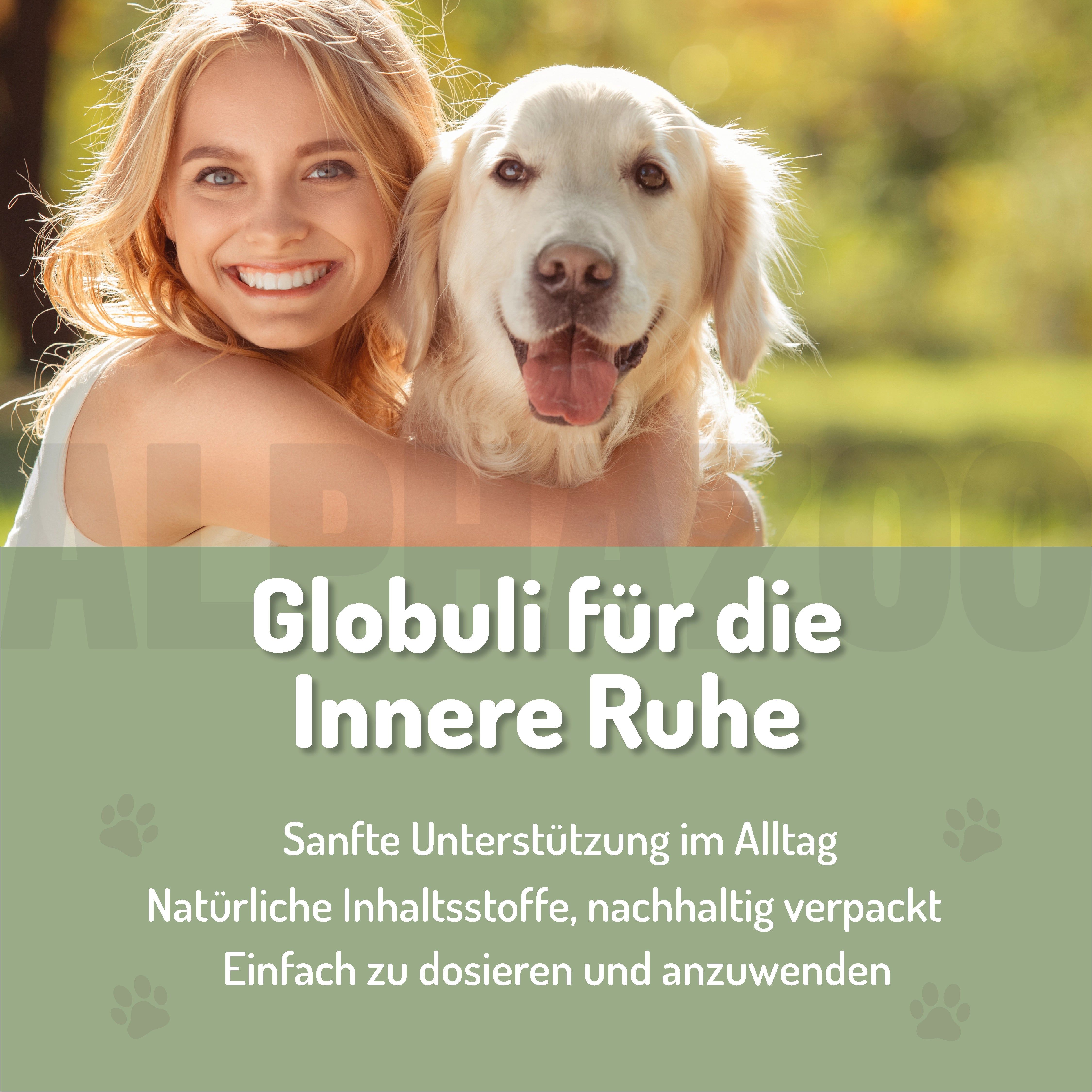 Frau umarmt einen Golden Retriever. Text: Globuli für die Innere Ruhe. Sanfte Unterstützung im Alltag. Natürliche Inhaltsstoffe, nachhaltig verpackt.