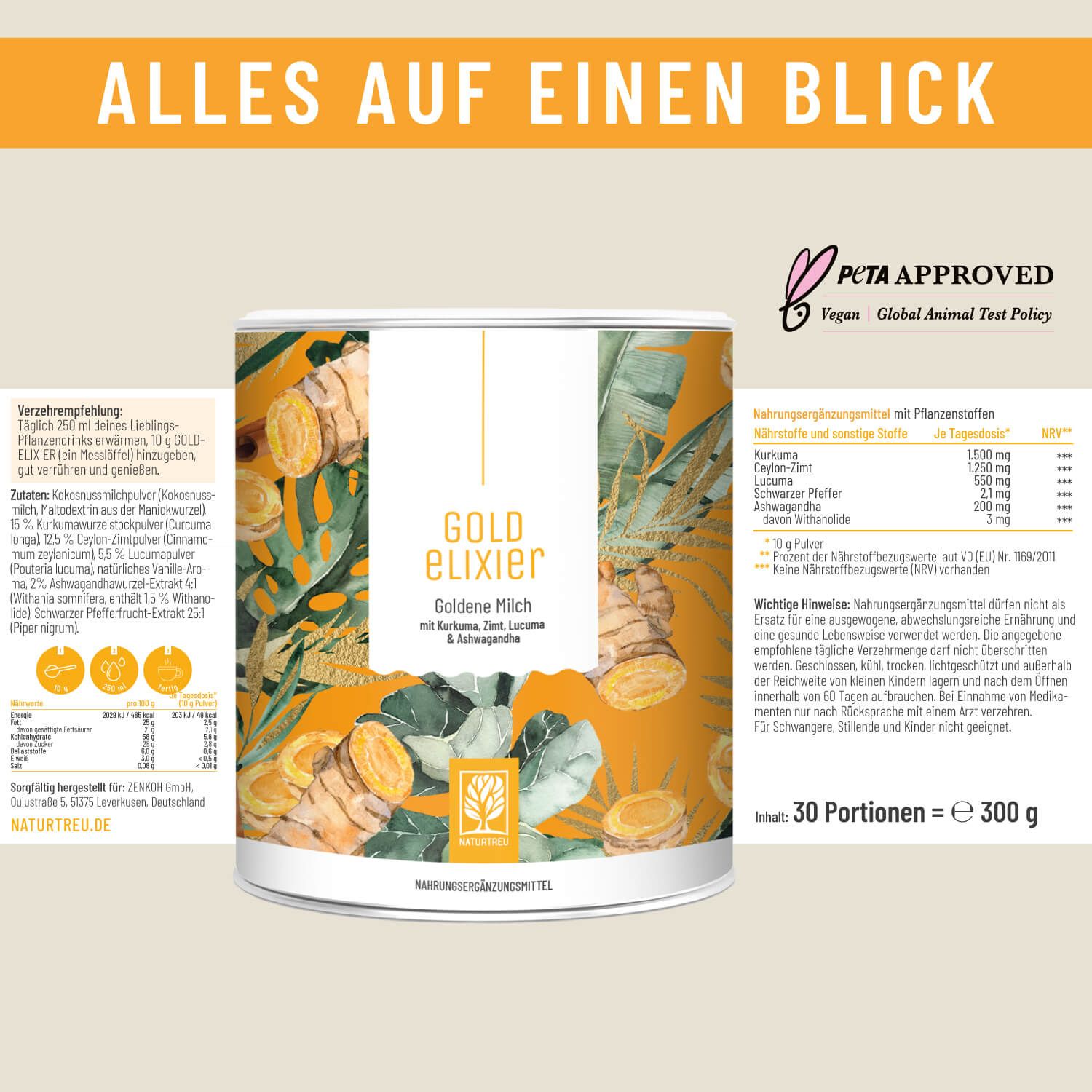 Dose mit Aufschrift GOLD elixier. PETA APPROVED Logo. Tabelle mit Nährwertangaben. 30 Portionen = 300 g.