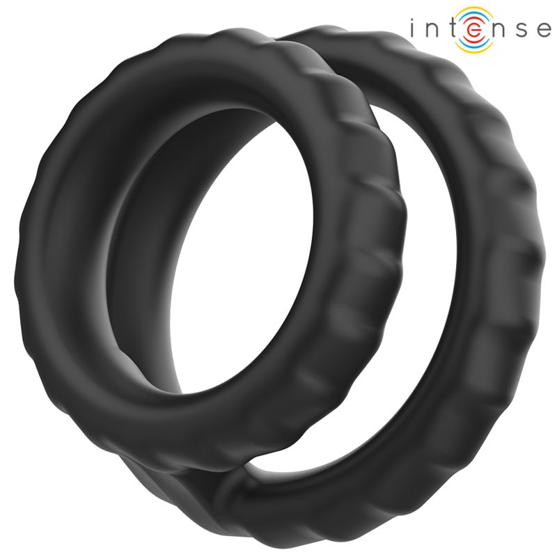 Zwei schwarze Penisringe aus Silikon. Geriffelte Oberfläche. Marke: Intense.
