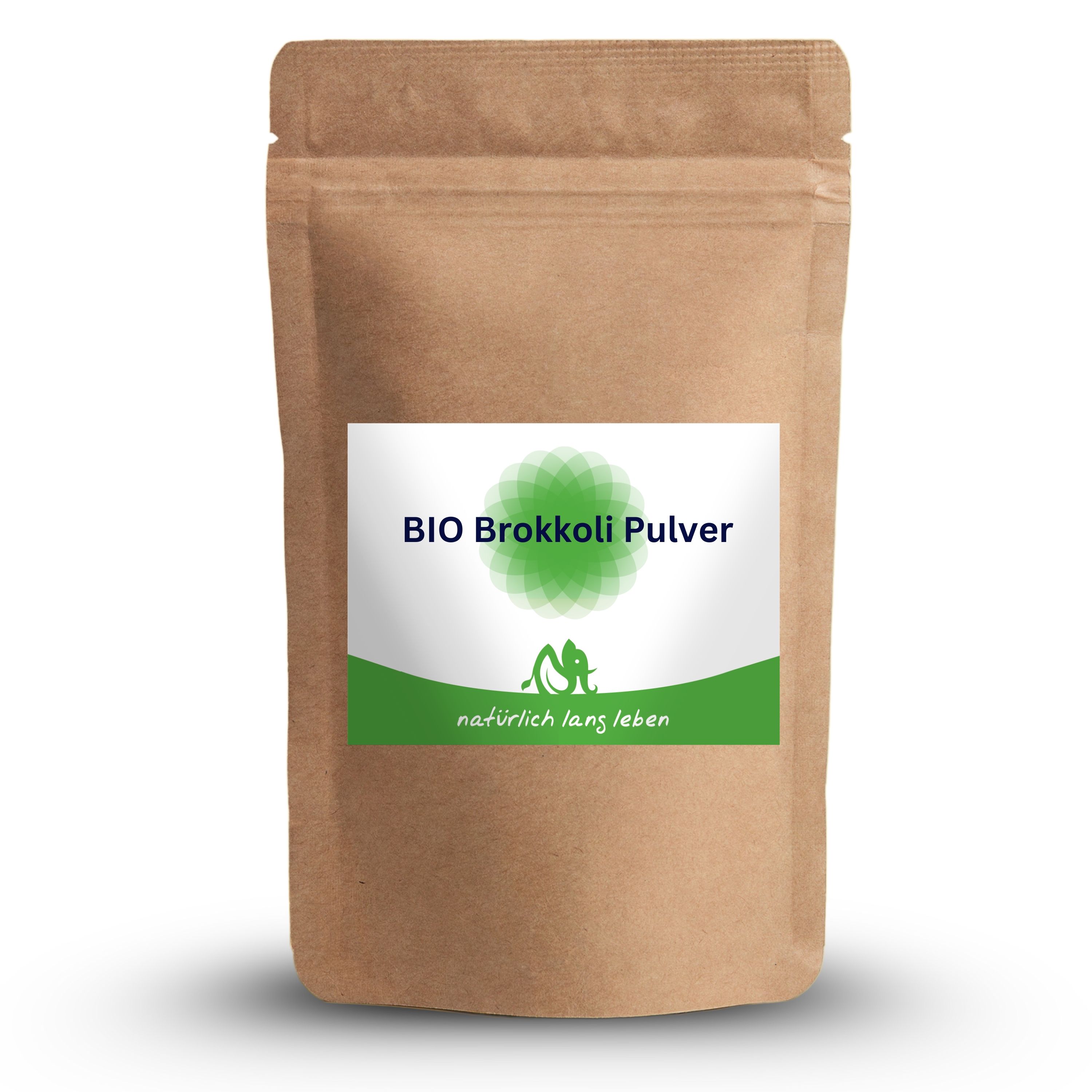 Beutel mit Etikett. Aufschrift: BIO Brokkoli Pulver. Logo und Schriftzug: natürlich lang leben.