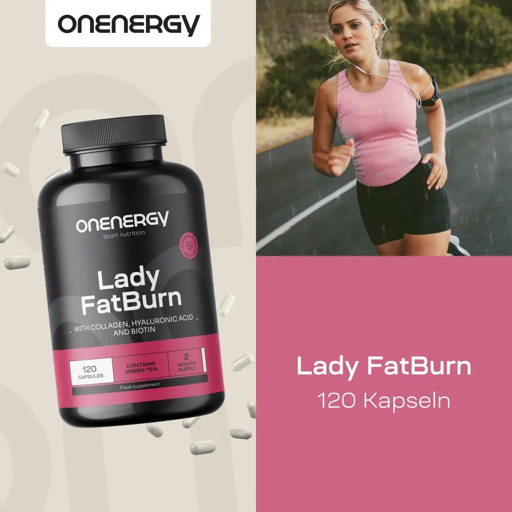 Läuferin, daneben Dose OnEnergy Lady FatBurn. "Lady FatBurn, 120 Kapseln."