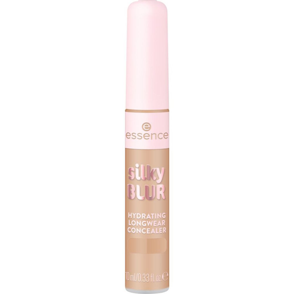 Beige Concealer-Tube mit rosa Deckel. Aufschrift: Silky Blur, Hydrating Longwear Concealer. Marke Essence.