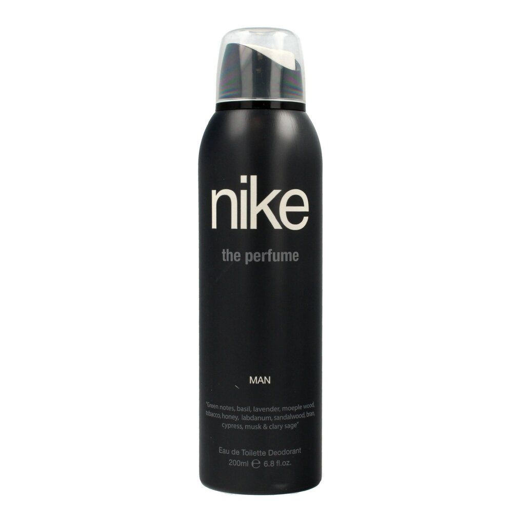 Schwarze Deodorant-Spraydose mit weißem "nike the perfume"-Logo. Text: "MAN", Inhaltsstoffe, "Eau de Toilette Deodorant".