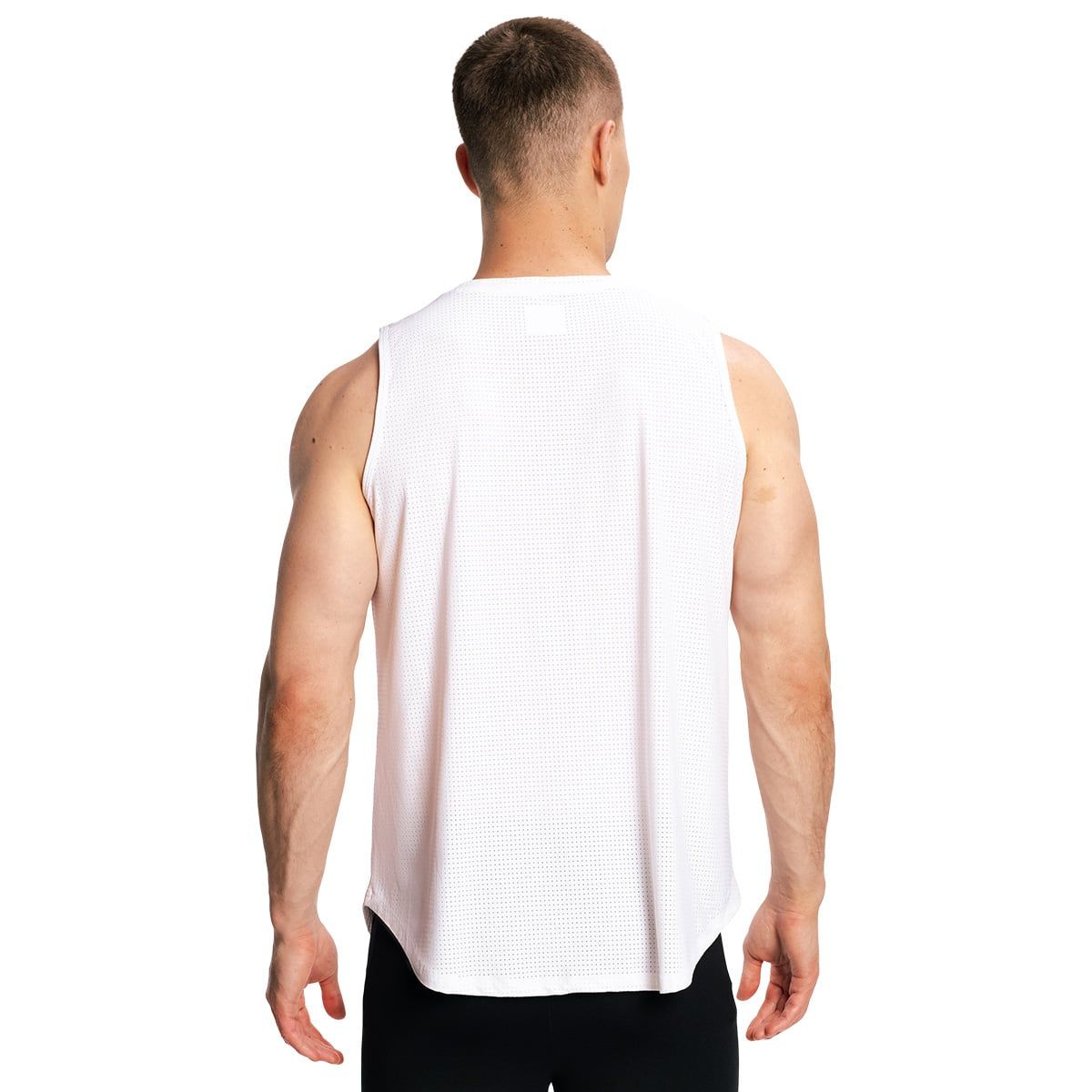 Rückansicht eines weißen, ärmellosen Herren-Tanktops mit rundem Halsausschnitt und seitlich abgerundetem Saum.