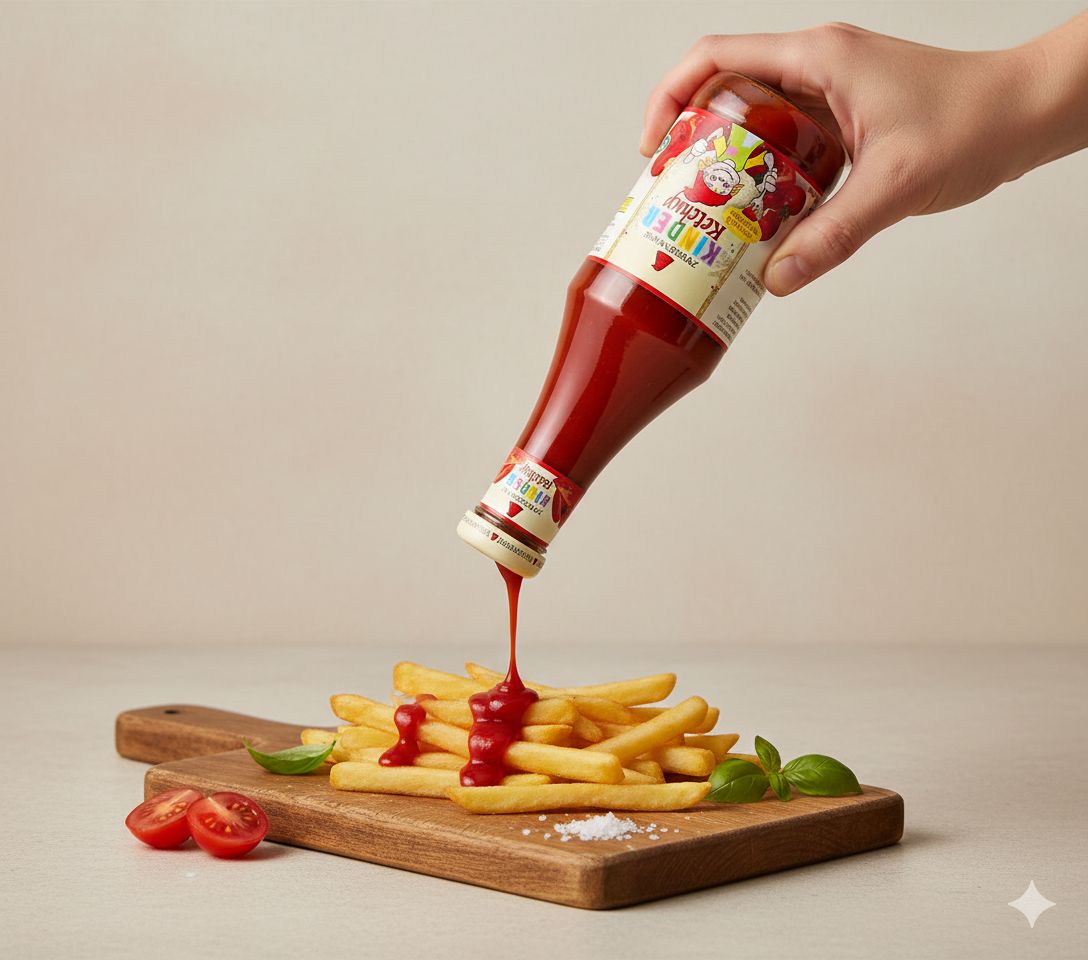 Hand gießt Zwergenwiese Kinder Ketchup aus einer Flasche über Pommes Frites.