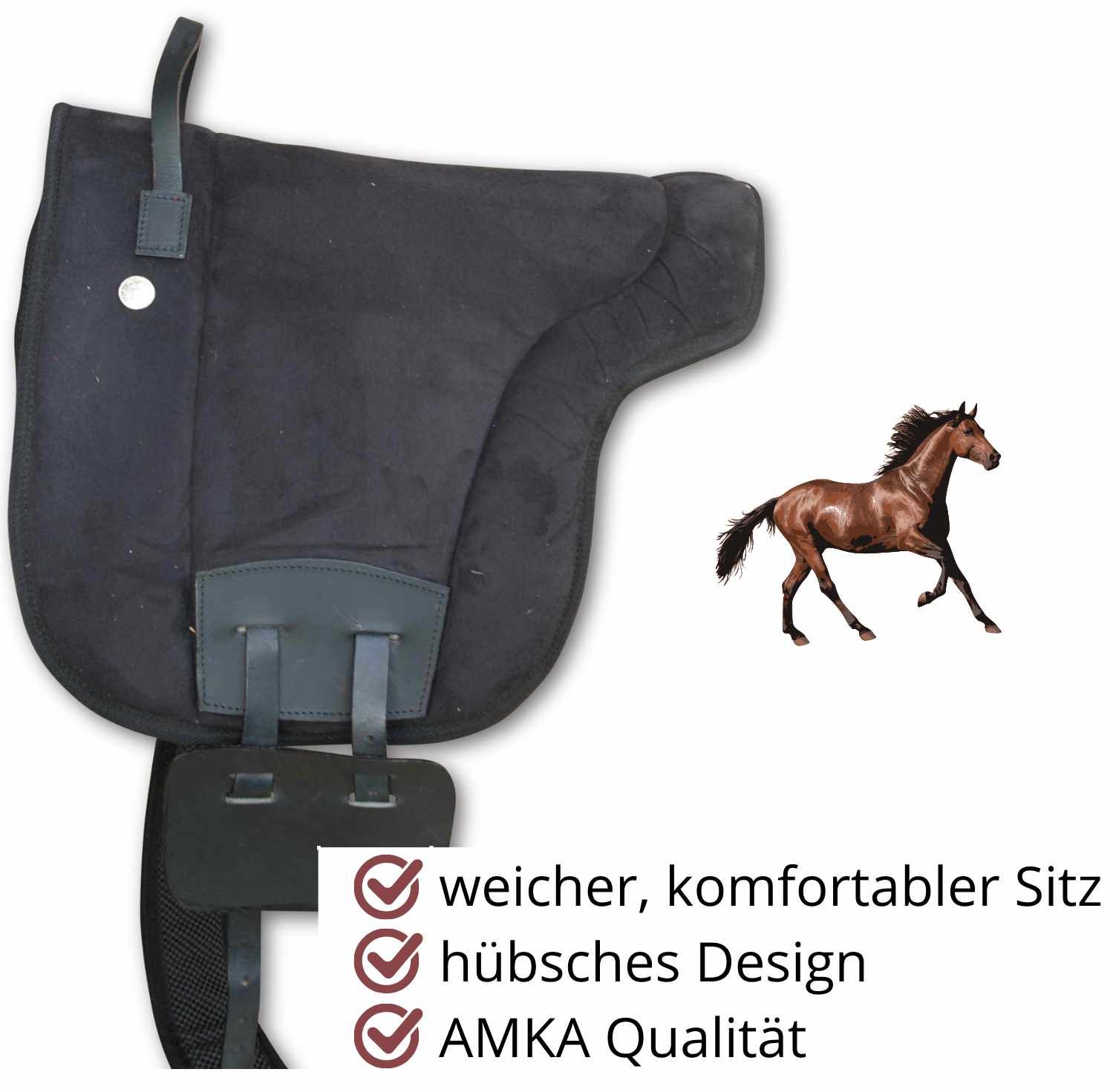 Schwarzes Reitkissen mit Ledergriff. Text: weicher, komfortabler Sitz, hübsches Design, AMKA Qualität. Pferd-Illustration.