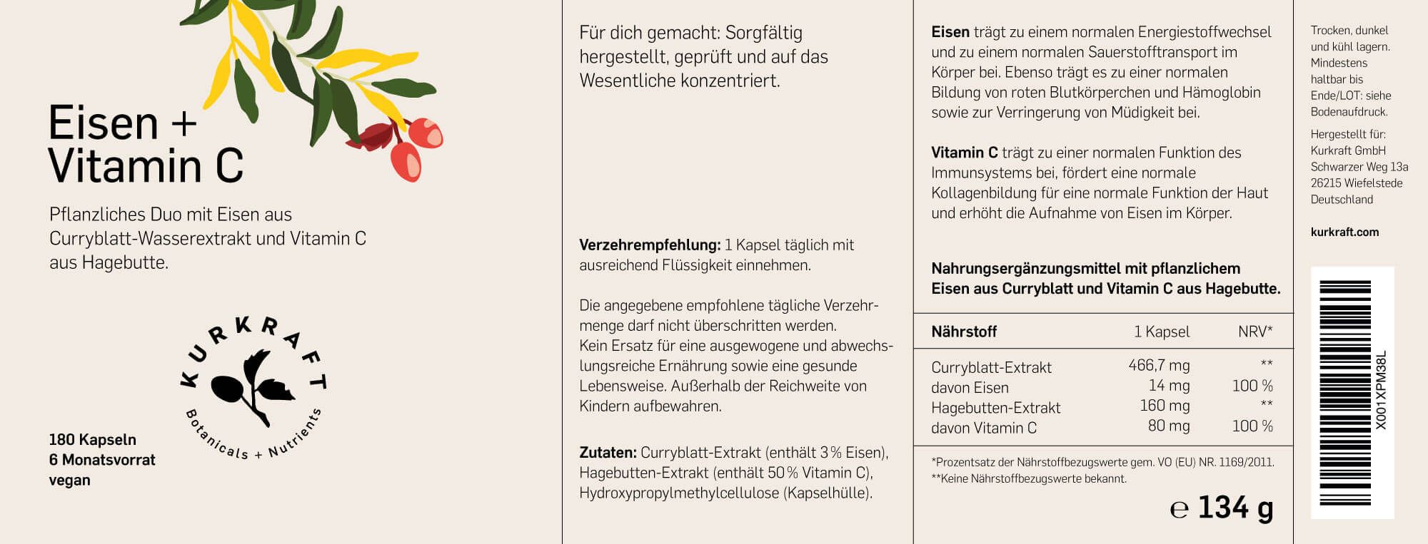 Etikett mit Produktinformationen. Text: Eisen + Vitamin C. Nährwertangaben mit pflanzlichem Eisen aus Curryblatt und Vitamin C.
